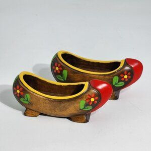 Miniature Hand Painted Vintage Wooden Clogs With Floral Design Red Tips Pair